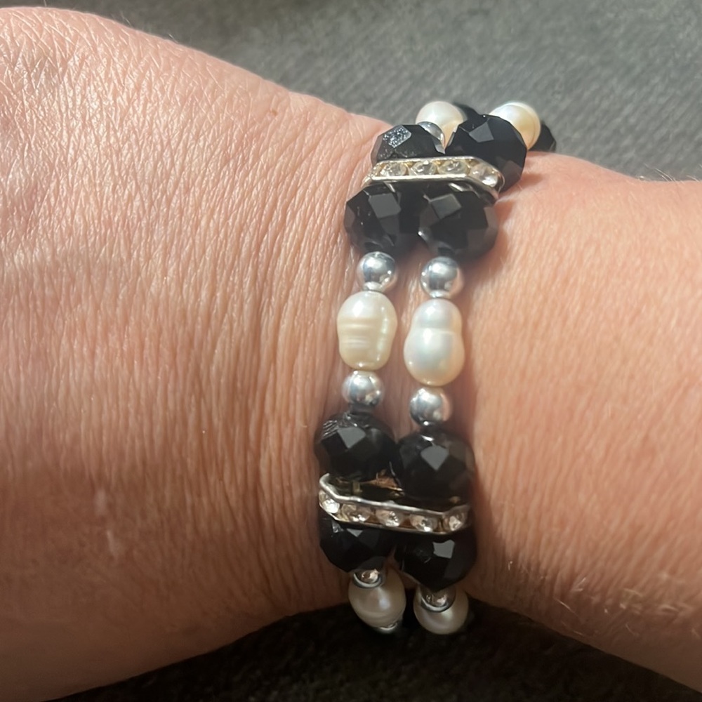 Bracelet with Faux Pearls, Black Beads & Cubic Zirconia